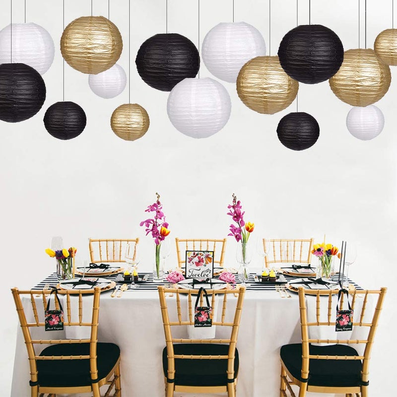 zilue Paper Lanterns Decorative, Round Hanging Paper Lanterns Decorations for Wedding Graduation Anniversary Birthday Party Supplies Black/Gold/White 15pcs - Image 3